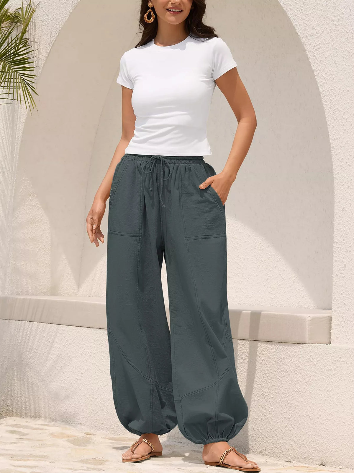 Plush Fashion Hub casual loose fit harem joggers with drawstring waist and relaxed fit, shown in a neutral color on a plain background.