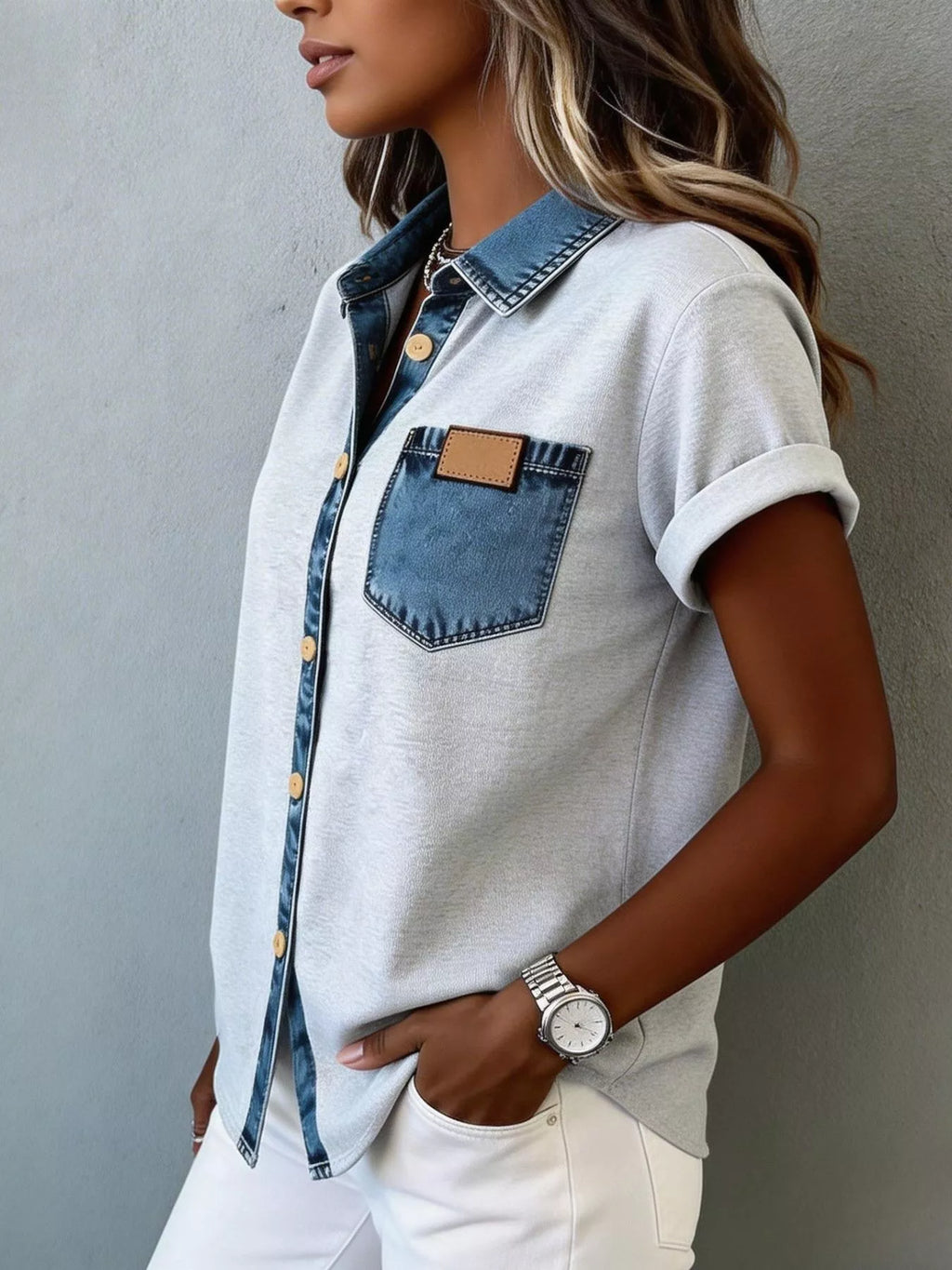 Short sleeve denim trim shirt from Trendsi, featuring a classic collar and casual style, shown in a front view.