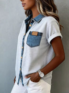 Short sleeve denim trim shirt from Trendsi, featuring a classic collar and casual style, shown in a front view.