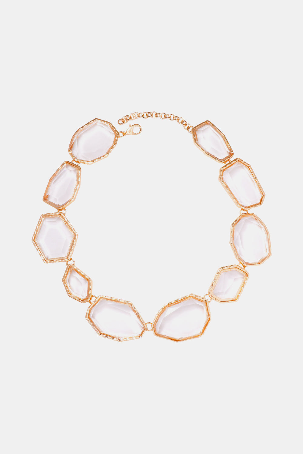 Geometrical shape resin necklace with zinc alloy frame, stylish jewelry piece by Plush Fashion Hub, displayed on a neutral background.