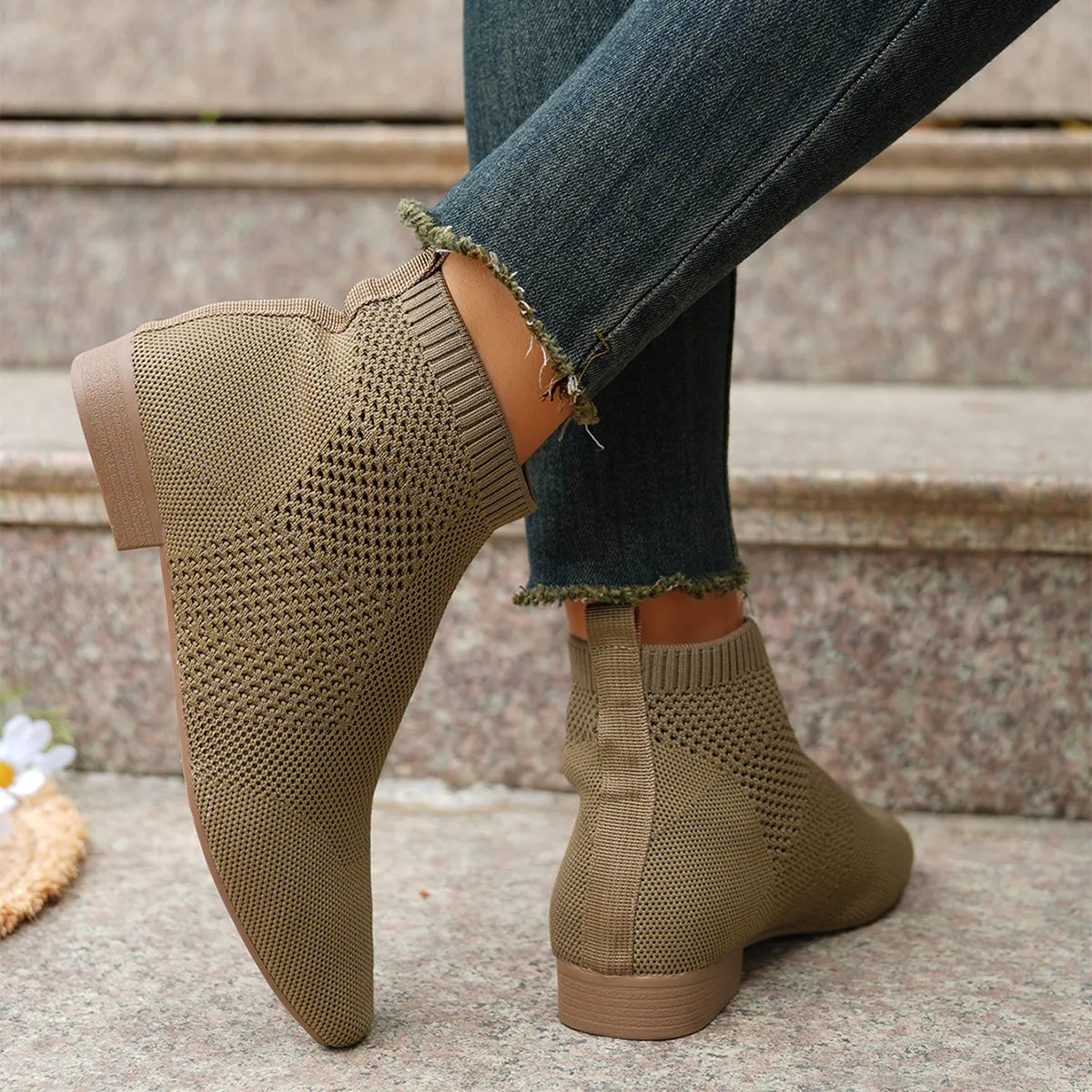 Mesh knit ankle boots for women with stretch comfort fit, stylish trendy shoes featuring breathable mesh and sleek design.