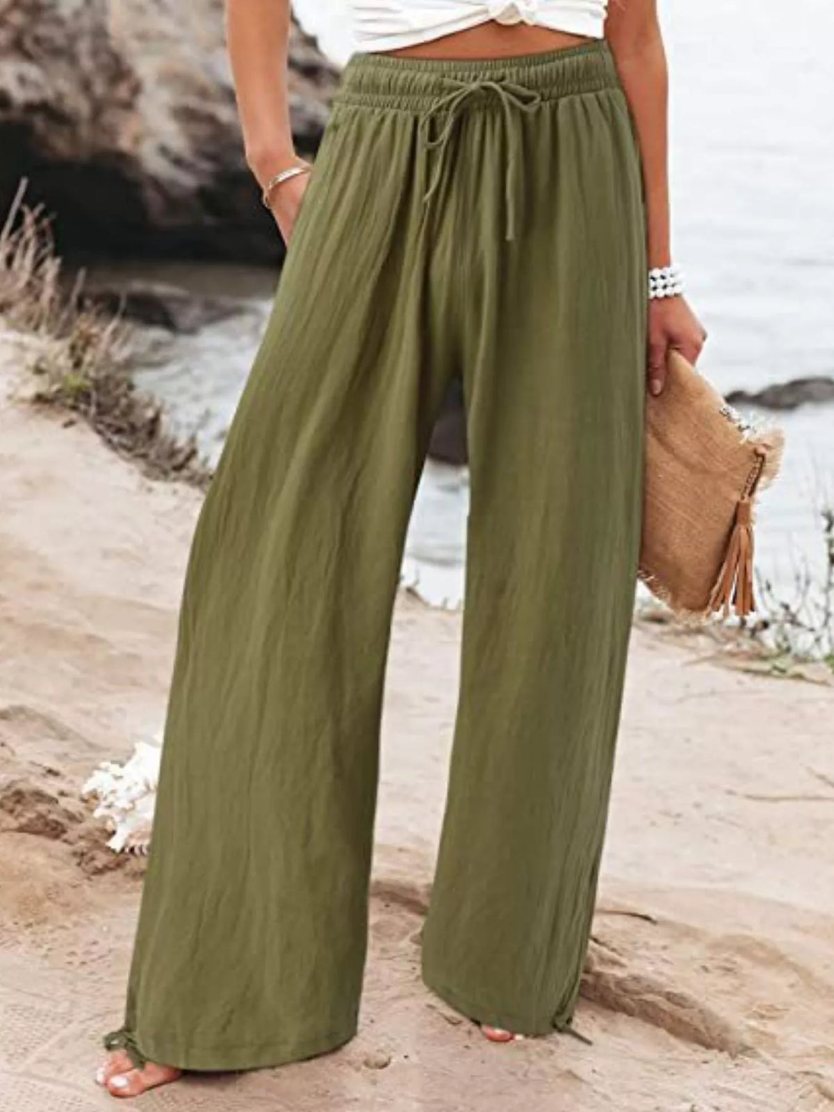 Plush Fashion Hub full-size wide-leg pants with drawstring waist, soft plush fabric, plus size, casual and comfortable style