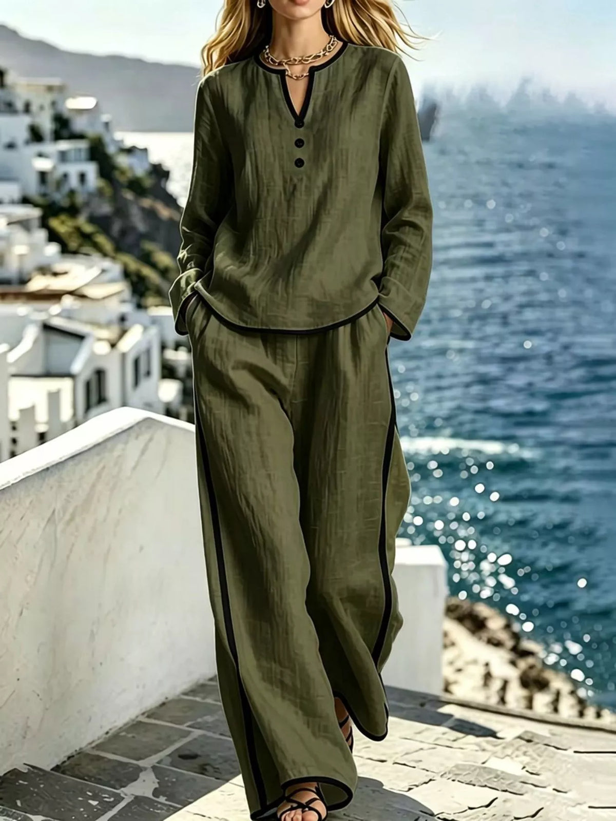 Contrast trim long sleeve top and pants set by Trendsi, stylish casual apparel with matching top and bottom in a coordinated look.