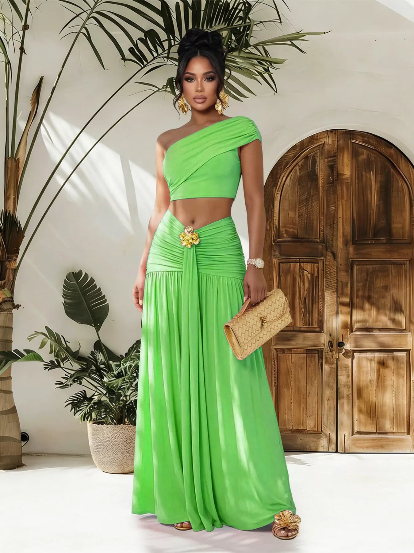 Trendsi one-shoulder top with matching ruched maxi skirt set, stylish and elegant fashion ensemble for women.
