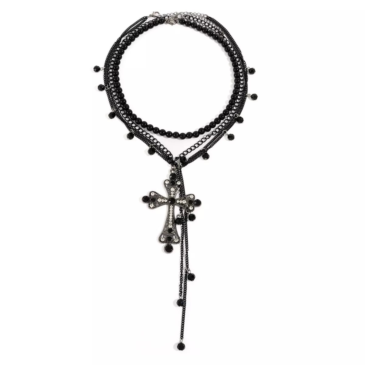 Set of three Pearl Cross Pendant Necklaces featuring white pearls and silver chains, designed by Plush Fashion Hub.