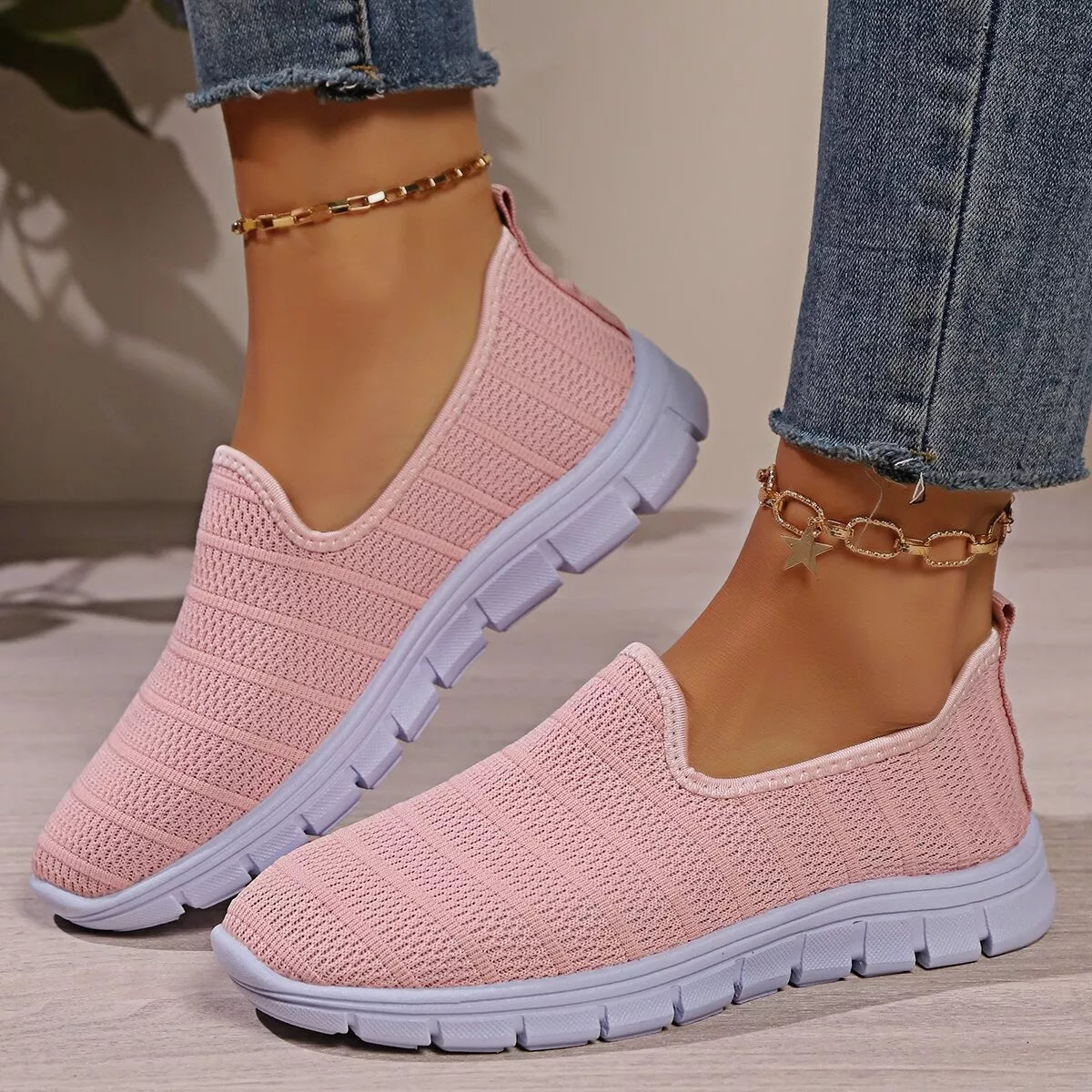 Women’s breathable mesh slip-on casual walking flats by Plush Fashion Hub, lightweight and comfortable shoe with a stylish design.