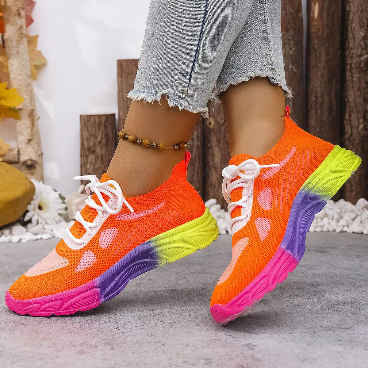 Plush Fashion Hub lace-up round toe sneakers with white and black design, featuring comfortable casual style and durable rubber soles.