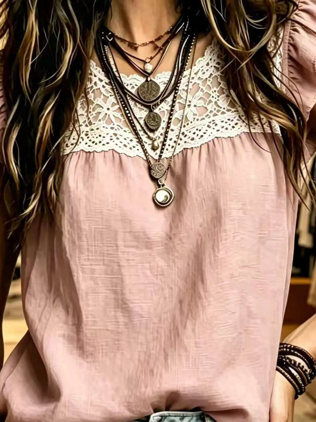 Plus size short sleeve blouse with lace trim and ruffle sleeves, stylish and feminine, from Trendsi.