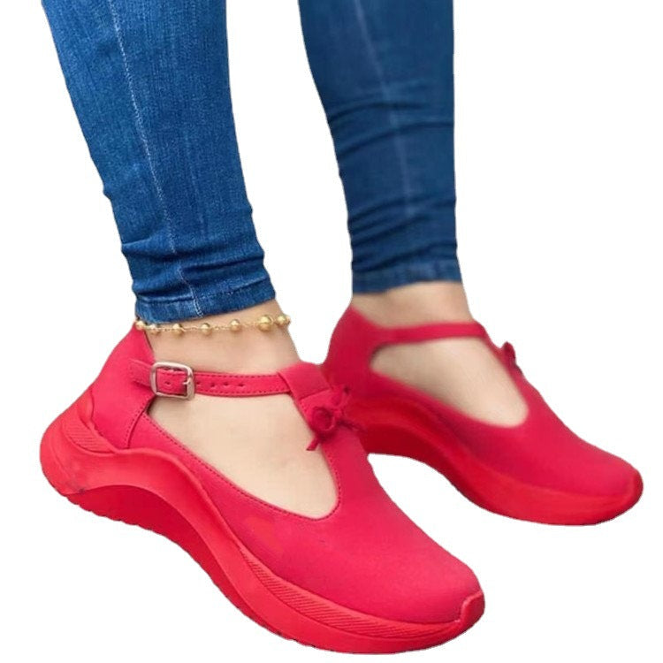 LadyShow.Store platform sneakers with buckle and fringe details, solid color suede casual shoes for a stylish, comfortable look