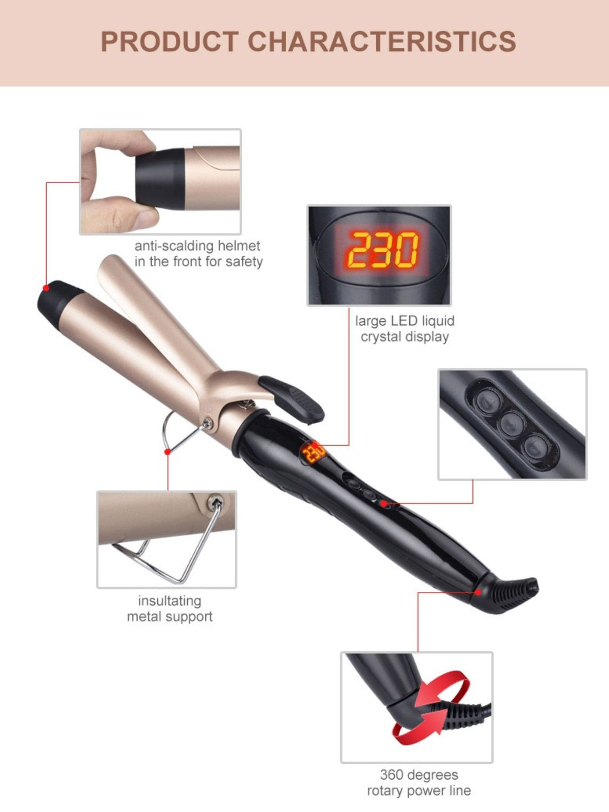 Plush Fashion Hub professional ceramic curling iron with fast heating, anti-scald features, for hairstyling and curling hair.
