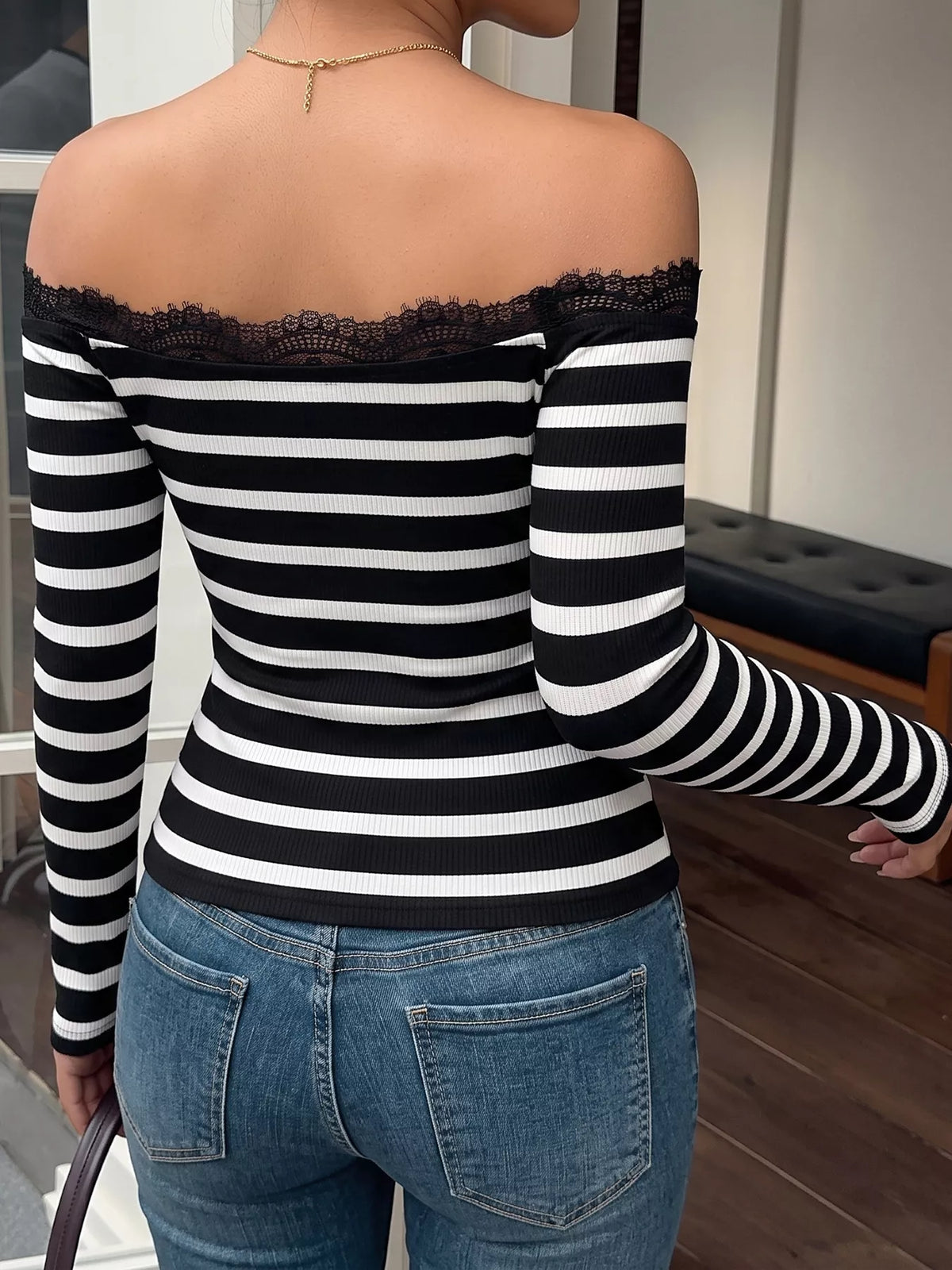 Off shoulder lace detail t-shirt by Plush Fashion Hub, featuring a stylish off-shoulder design and delicate lace accents.