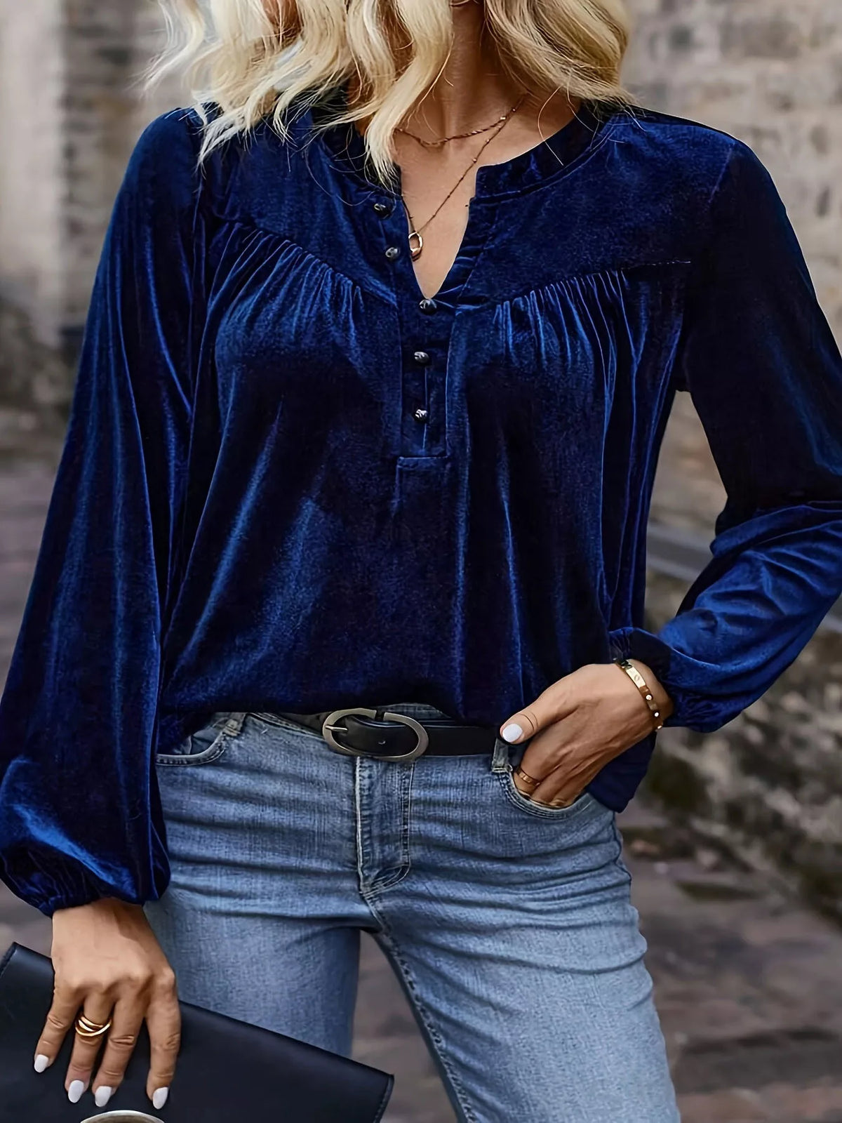 Simply Love velvet long sleeve blouse with notched collar, featuring a stylish and elegant design in rich fabric.