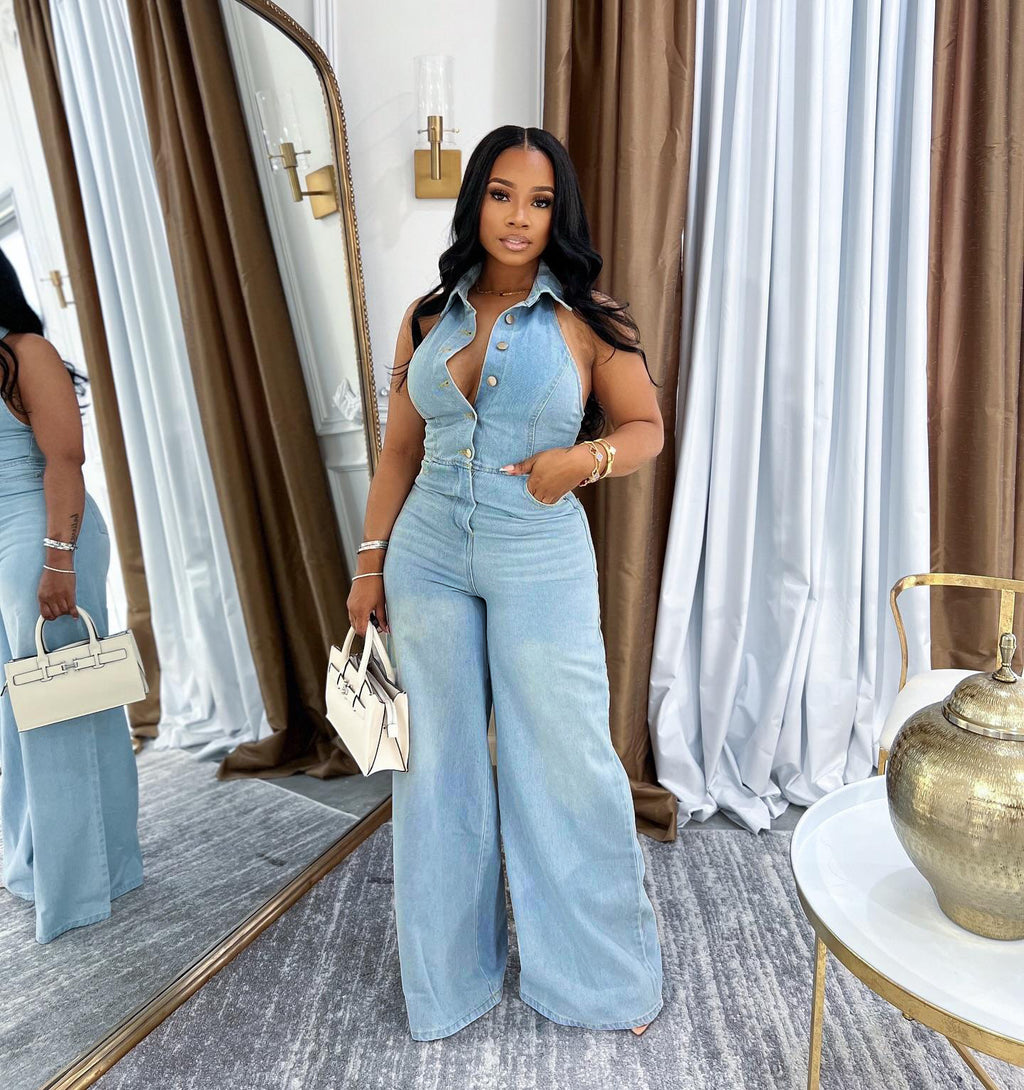 Women's Strapless Backless Washed Denim Jumpsuit