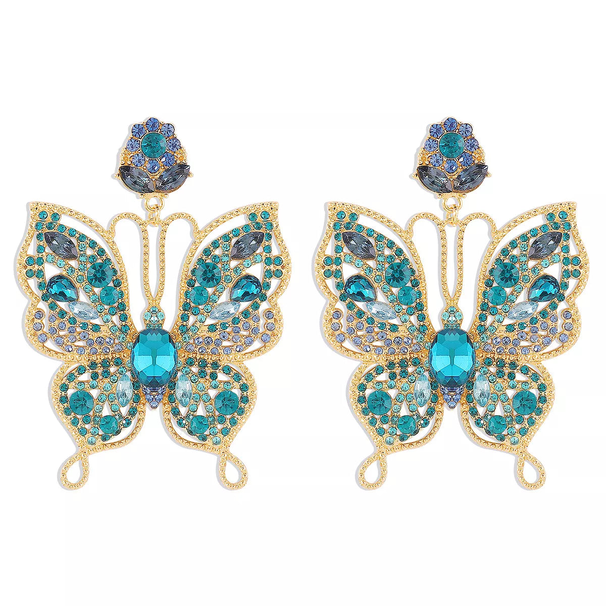 Elegant butterfly rhinestone dangle earrings by Plush Fashion Hub featuring sparkling stones and intricate metalwork.