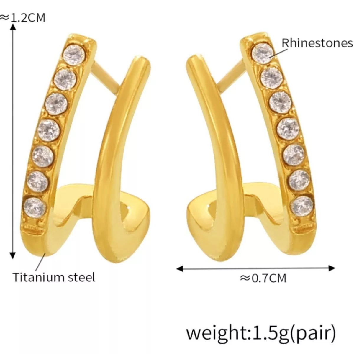 Gold-plated titanium steel rhinestone earrings with sparkling stones, stylish and elegant jewelry from Plush Fashion Hub.