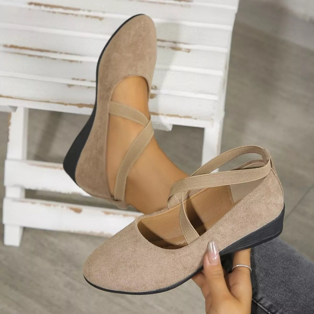 Round toe wedge loafers in neutral tones from Trendsi, showcasing stylish footwear with comfortable wedge heels.