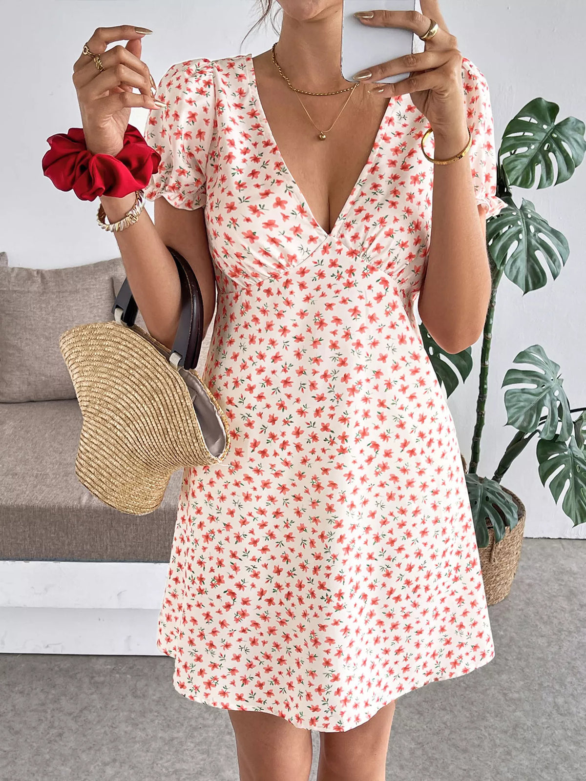 Floral print V-neck puff sleeve mini summer dress for women by Plush Fashion Hub, featuring a lightweight, breezy design.