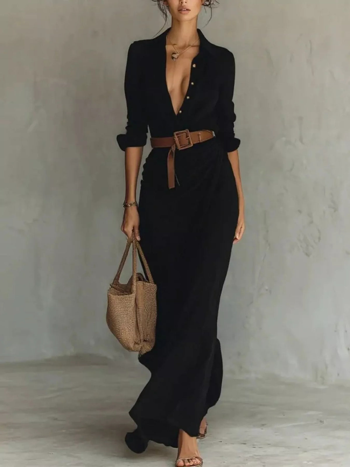 Plus size elegant V-neck ruched maxi dress with belt by Trendsi, featuring a flowing silhouette and fashionable design.