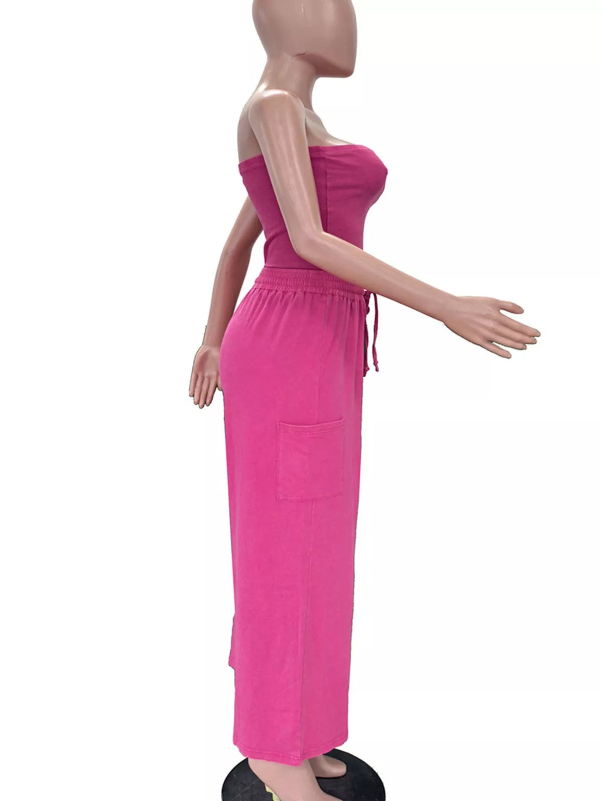 Plush Fashion Hub strapless wide-leg jumpsuit with drawstring waist, stylish playsuit in a lightweight fabric, front view.