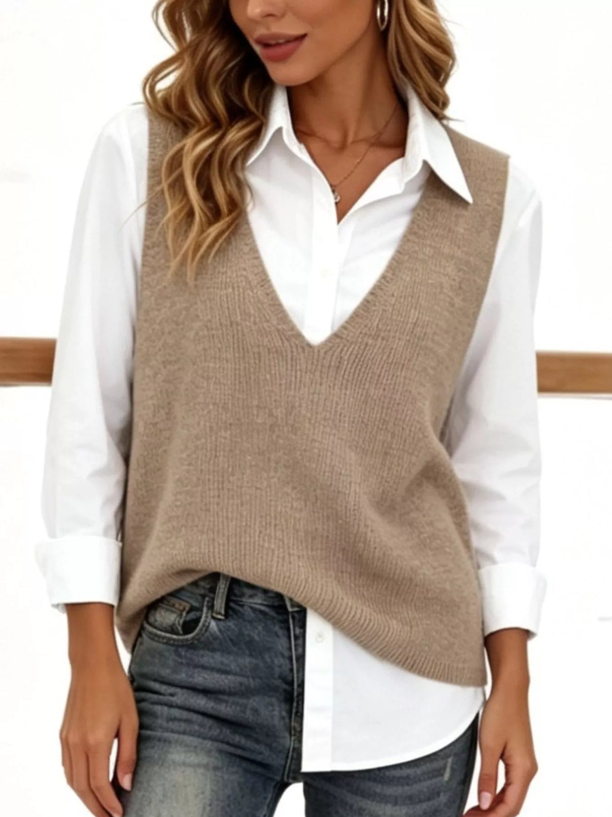 Plus size full V-neck sleeveless knit sweater vest by Trendsi, showing a soft, ribbed knit fabric in a relaxed fit.