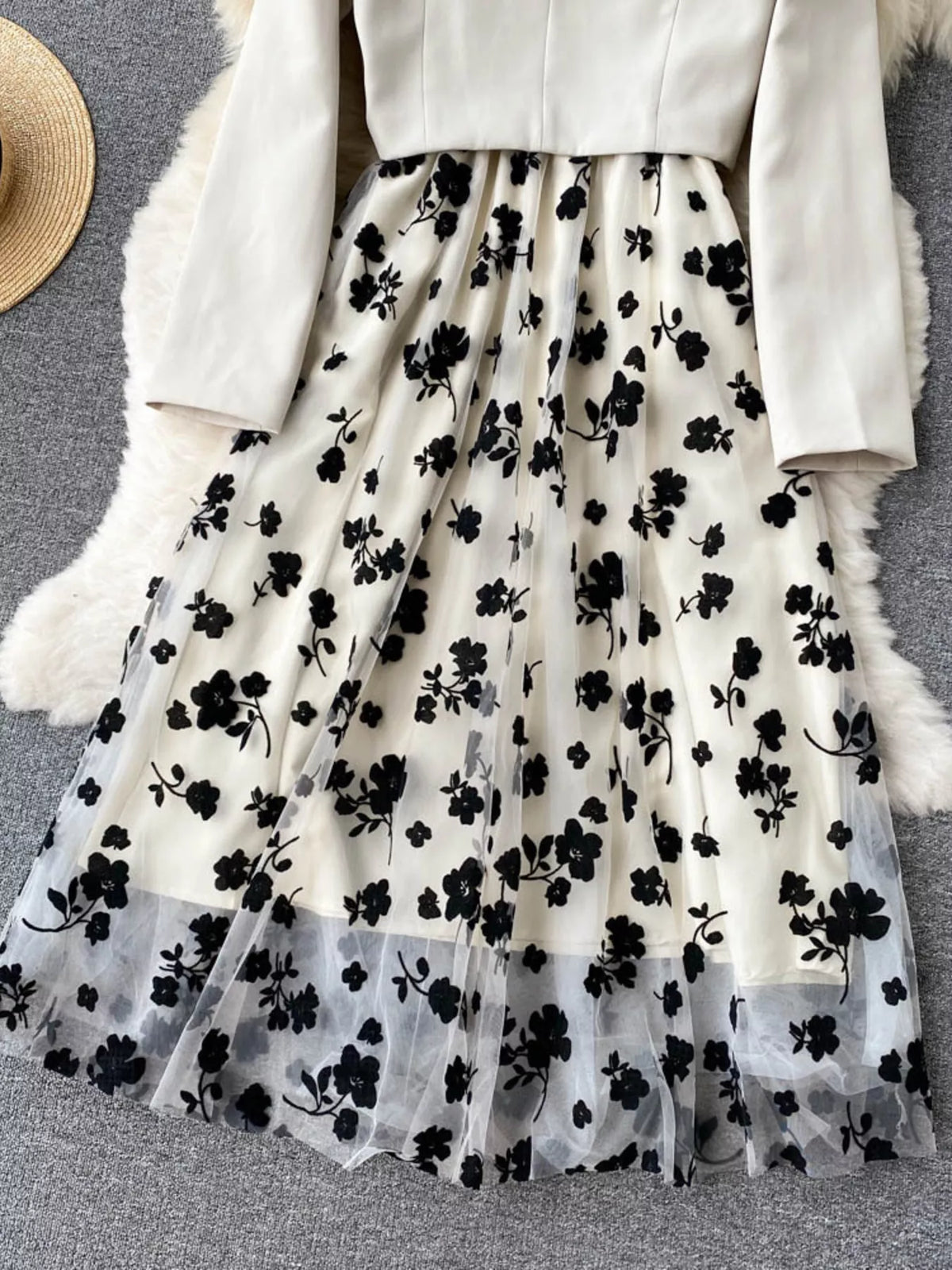 Elegant floral mesh two-piece dress and blazer set by Plush Fashion Hub, featuring a stylish design and intricate floral details.