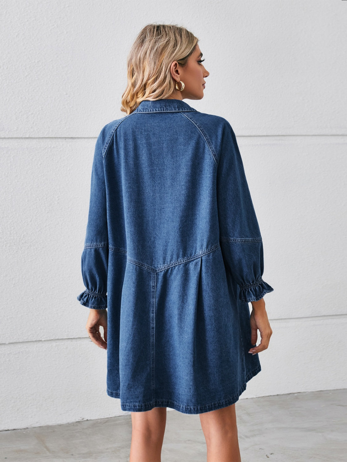 Button-up mini denim dress with flounce sleeves by Plush Fashion Hub, featuring a classic collar and front button closure.