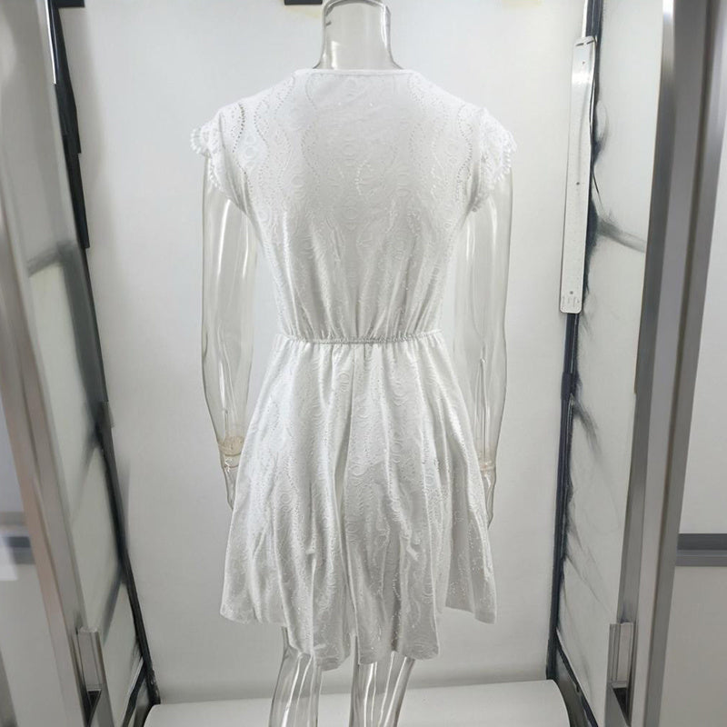 Women’s V‑Neck short-sleeve casual dress by FitiqueFit with lace trim, lightweight fabric, and a relaxed fit for everyday wear.