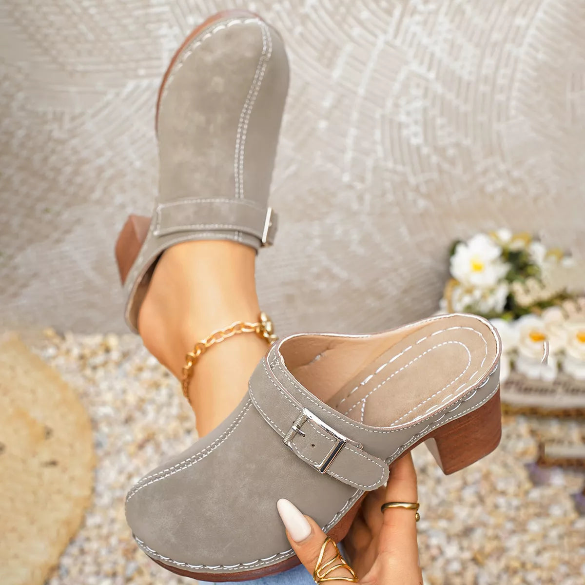 Plush Fashion Hub round toe block heel sandals with strappy design and beige color, showcasing stylish heels for women.