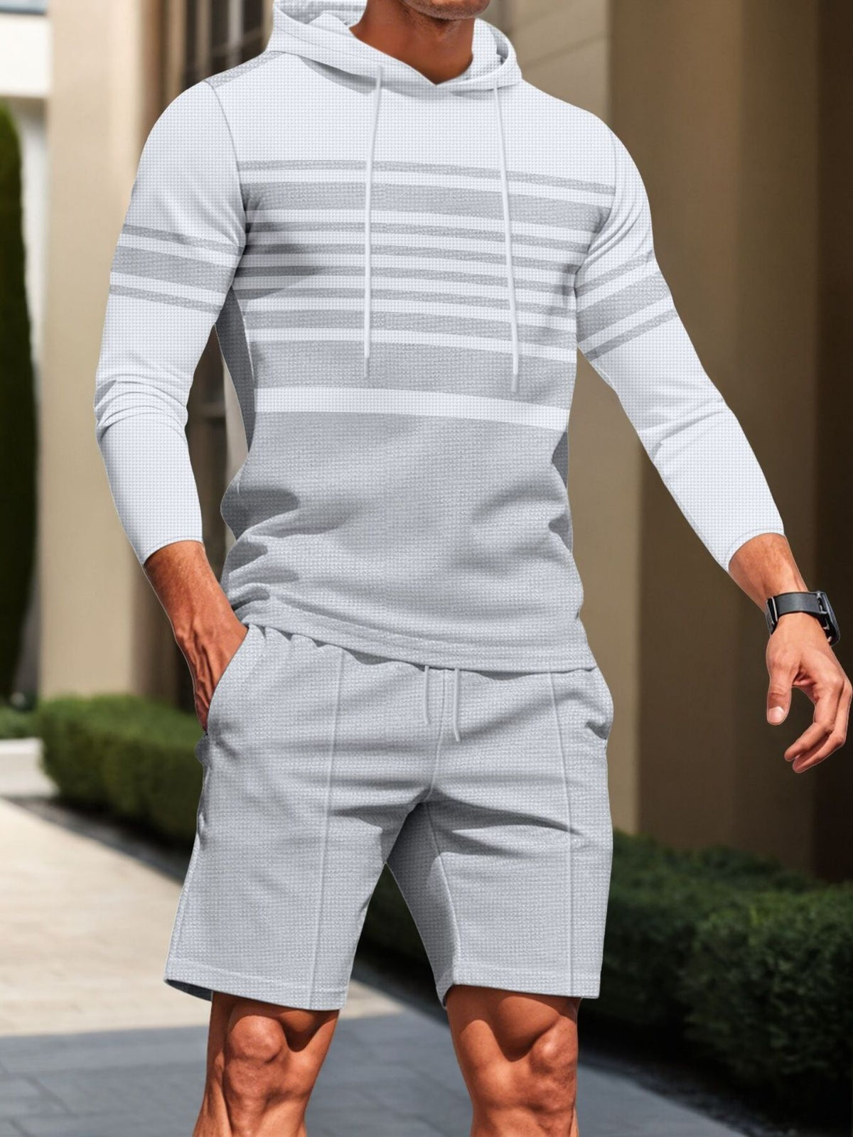 Plus size men's striped hoodie and shorts casual set from Plush Fashion Hub, featuring comfortable, stylish bottoms and top.