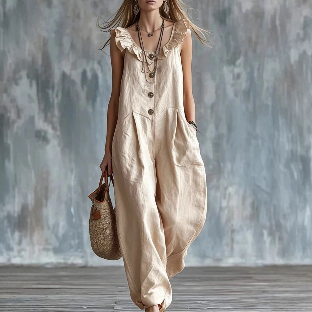 Women's sleeveless button-down tank jumpsuit by FitiqueFit, casualwear style, shown in a light fabric with a relaxed fit.