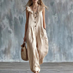 Women's sleeveless button-down tank jumpsuit by FitiqueFit, casualwear style, shown in a light fabric with a relaxed fit.