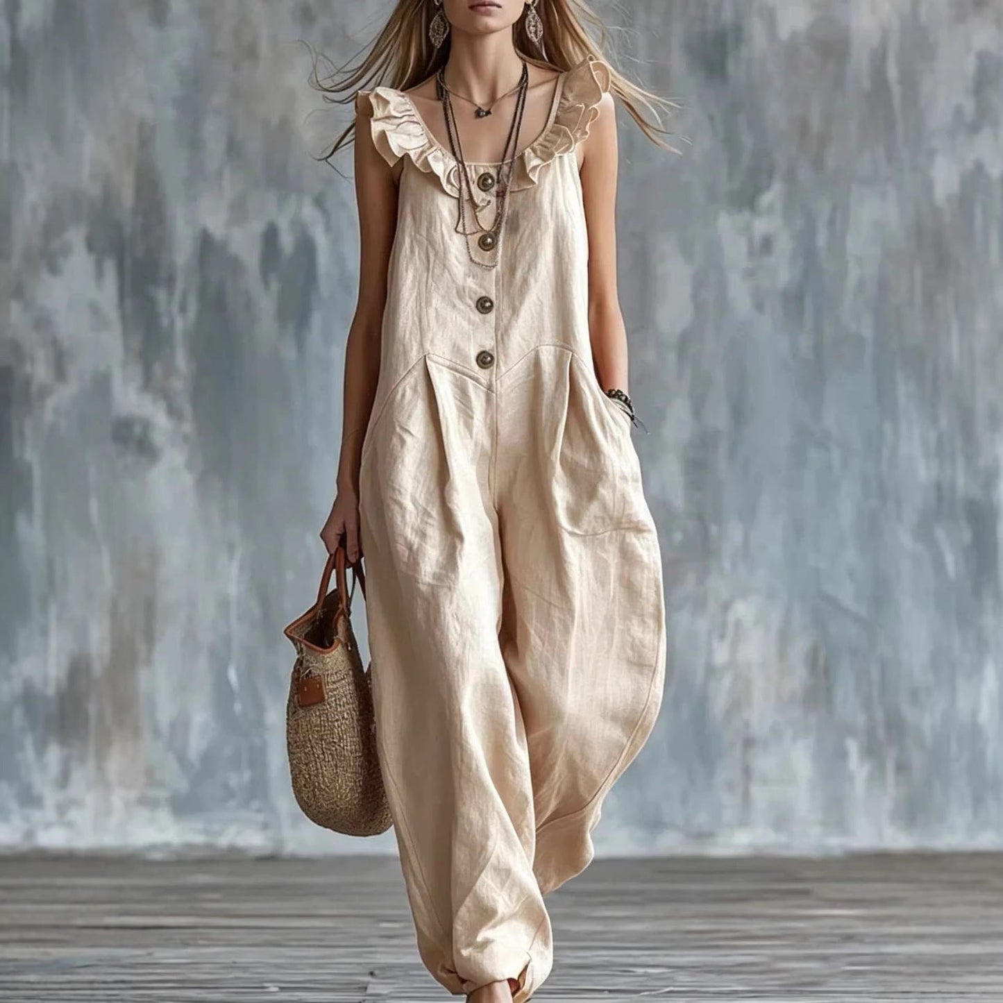 Women's sleeveless button-down tank jumpsuit by Plush Fashion Hub, casualwear style with a relaxed fit and sleeveless design.