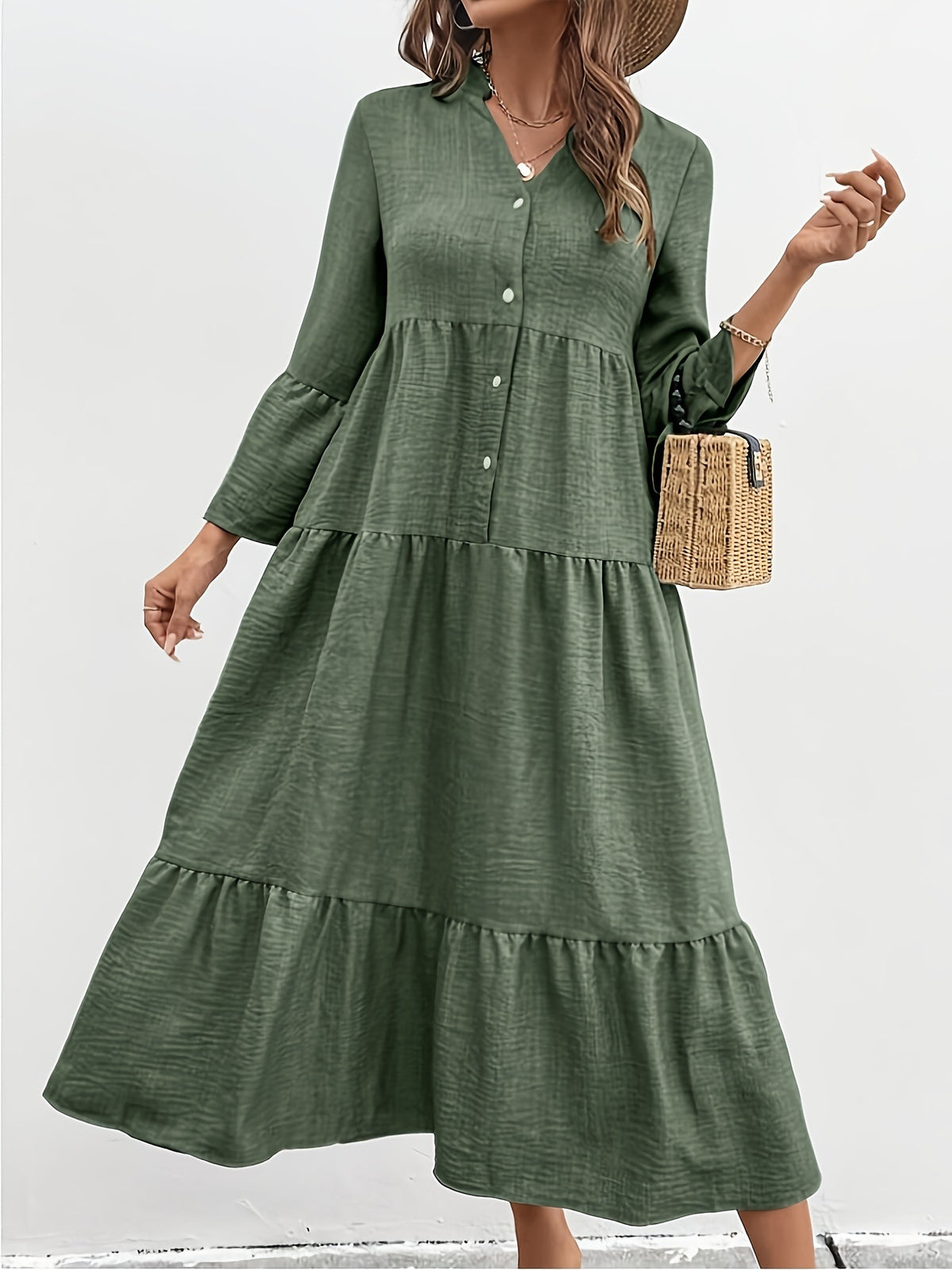 Casual button-front tiered midi dress by Plush Fashion Hub, made of cotton blend, perfect for summer, featuring a relaxed fit and sleeveless design.