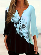 Women’s printed spike button three-quarter sleeve casual top by Plush Fashion Hub, featuring a stylish pattern and casual fit.