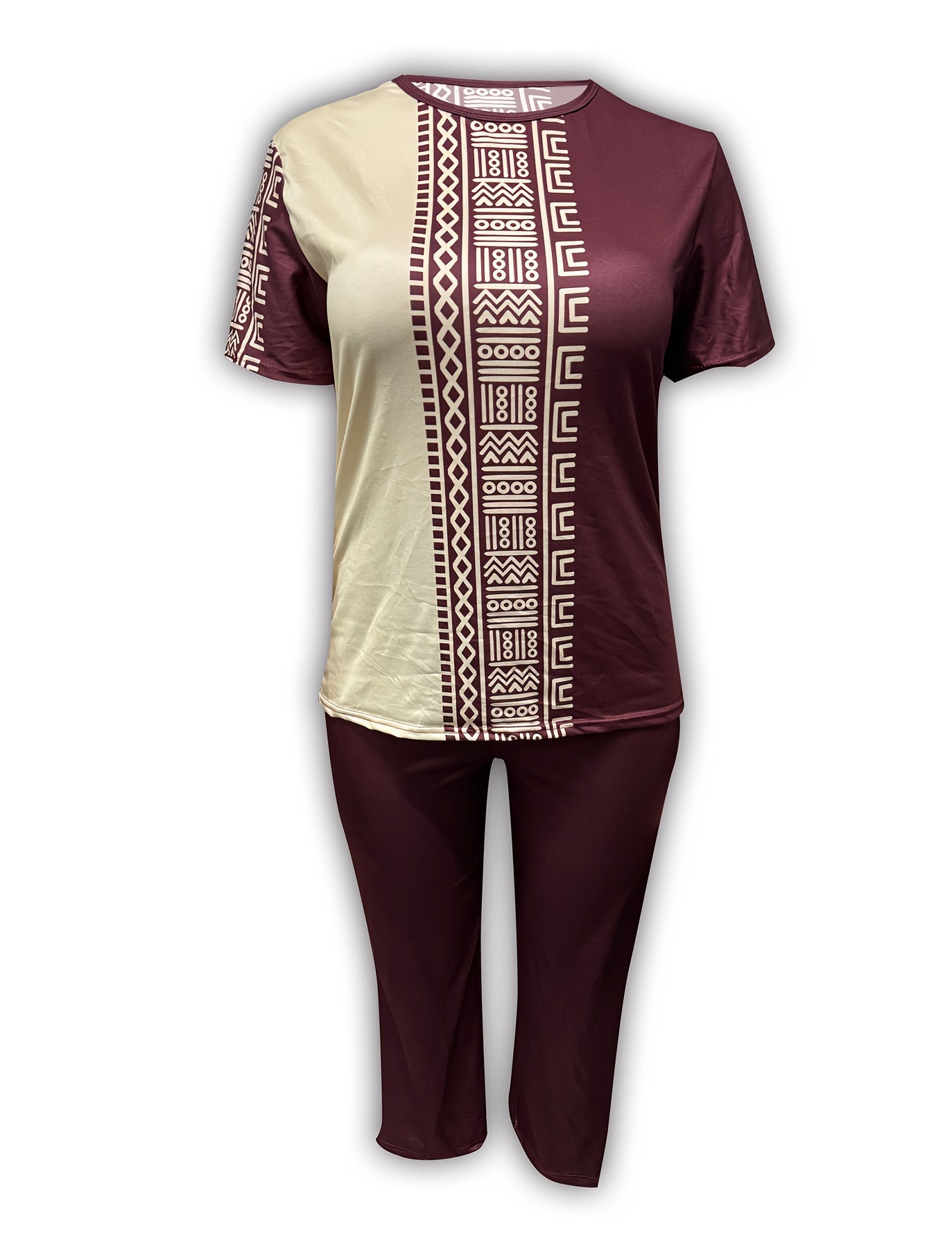 Plus size ethnic print casual two-piece outfit for women, featuring vibrant patterns and comfortable fit from Trendy Attic Store01.