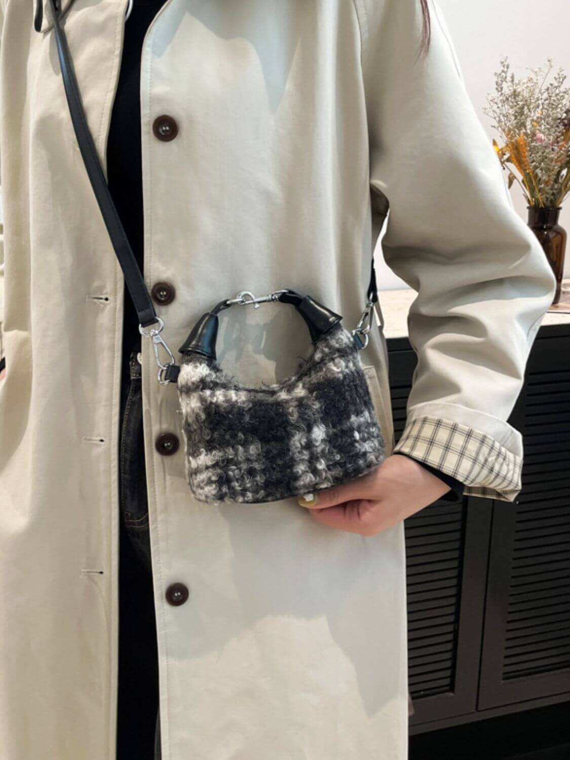 Fuzzy Polyester Mini Handbag with Zipper