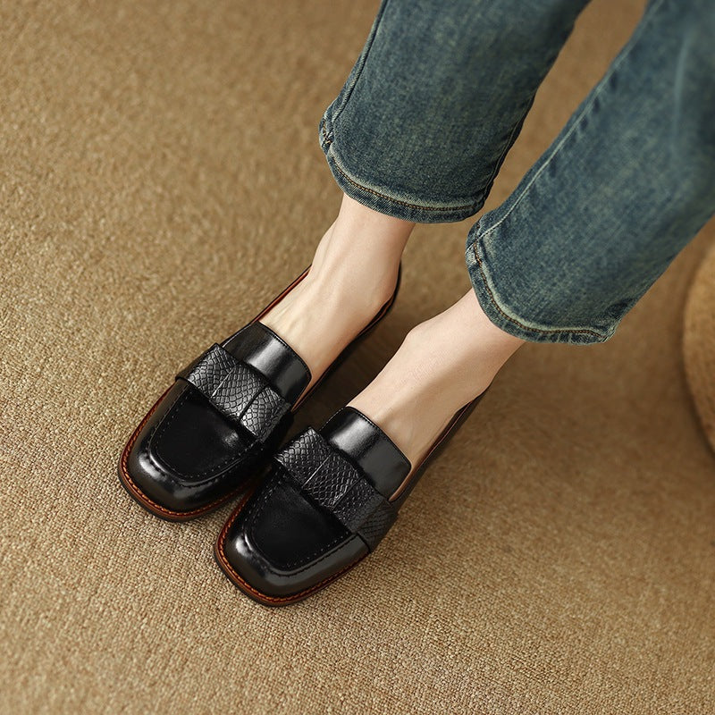 Women's plush fashion hub cowhide square toe chunky heel pumps with floral detail, stylish commuter footwear.