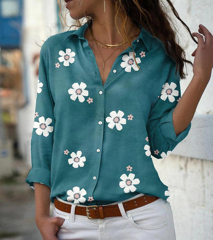 Women's Solid Color Floral Print Long-sleeved Shirt - Plush Fashions Shop 