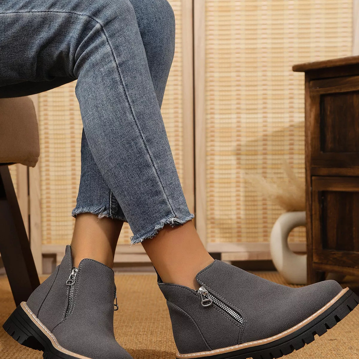 Trendsi ankle boots with zipper accent, stylish footwear featuring a sleek design and ankle-high cut, perfect for casual wear.