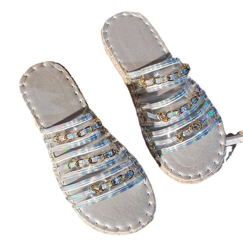 Large size women's straw sandals with hemp rope soles and rhinestone accents, featuring thick bottom design for comfort and style.