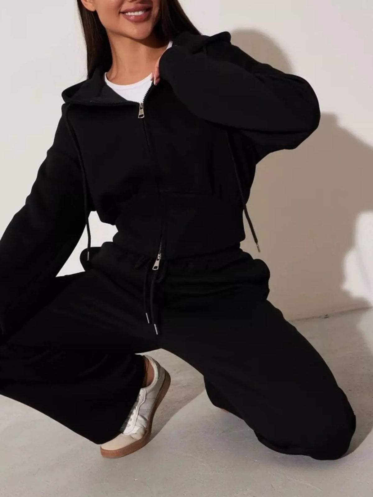 Plush Fashion Hub zip-up hoodie and wide-leg pants loungewear set, shown in soft fabric with relaxed fit and casual style.