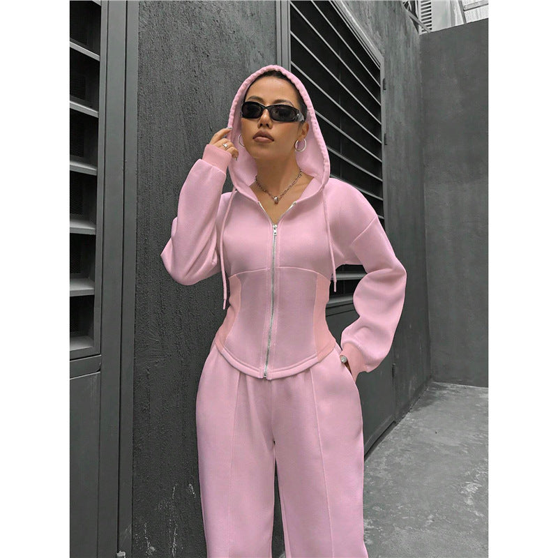 Plush Fashion Hub relaxed hooded zip-up top and wide-leg trousers two-piece set, casual loungewear for comfortable style.