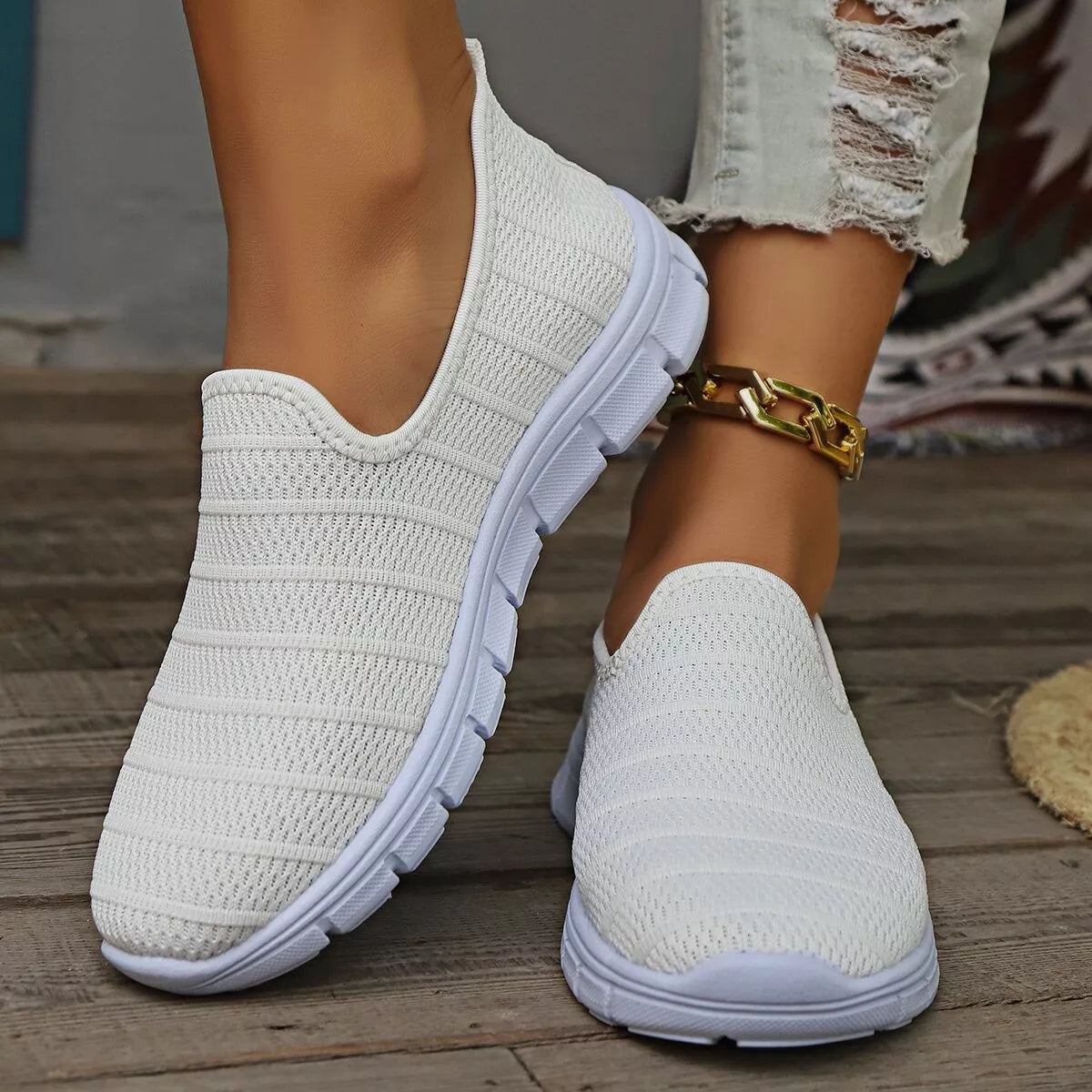 Women’s breathable mesh slip-on casual walking flats by Plush Fashion Hub, lightweight and comfortable shoe for everyday wear.