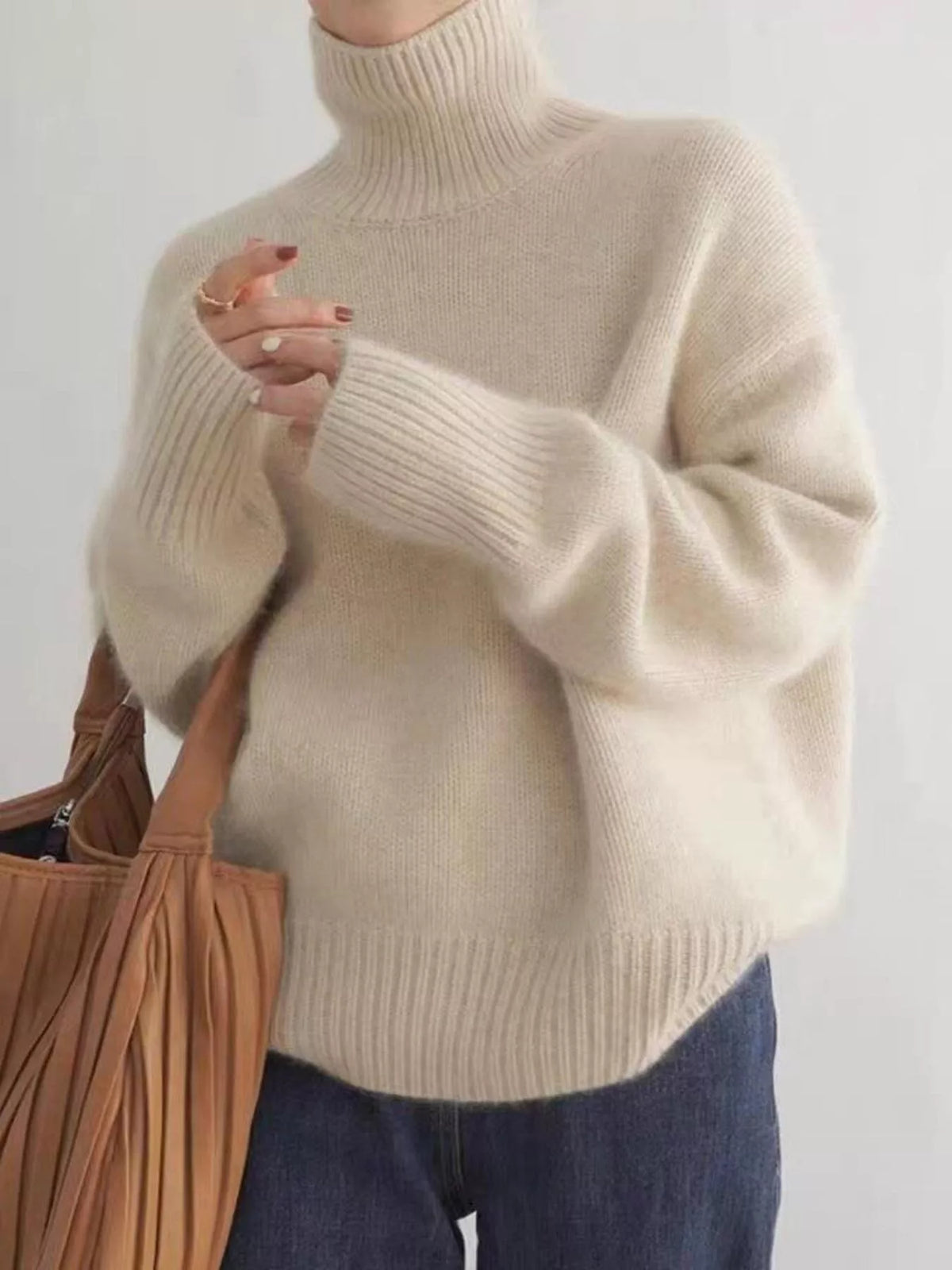 Simply Love turtleneck dropped shoulder sweater in neutral color, showcasing the cozy knit and relaxed fit.