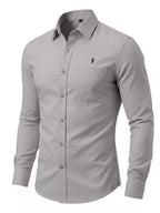 Men's slim fit button-up shirt in plus size by Trendsi, featuring a classic design and full-size fit, shown in the image.