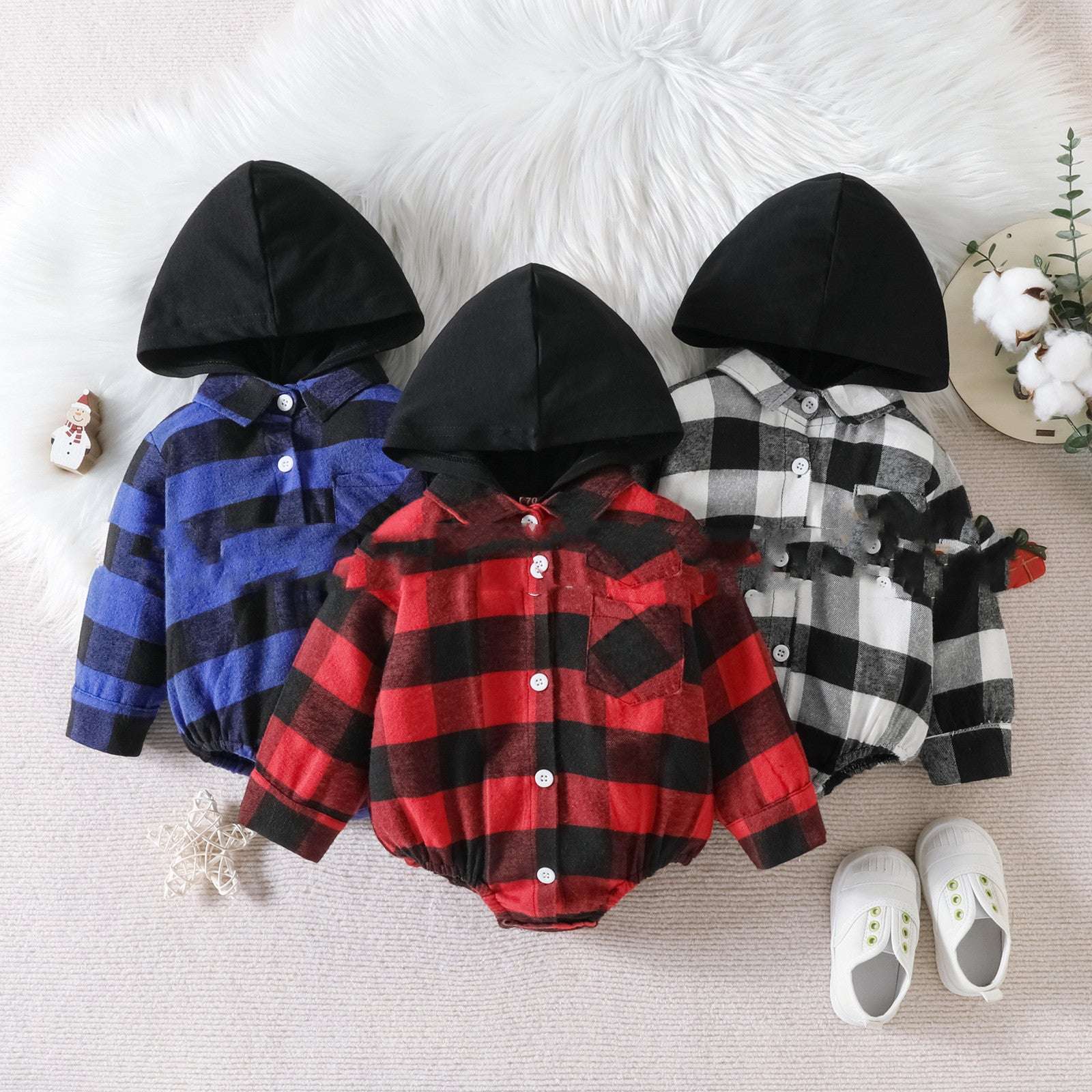 Baby Plaid Button Hooded JumpsuitStay cozy and festive this holiday season with our Baby Clothing Christmas Plaid Jumpsuit. Made with soft and breathable cotton fabric, our button-up onesie featuresBaby clothsPlush Fashions ShopPlush Fashion Shop