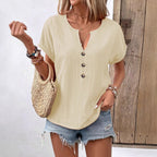 Women's V-neck short-sleeve T-shirt top with buttons, stylish and comfortable, from LadyShow.Store.