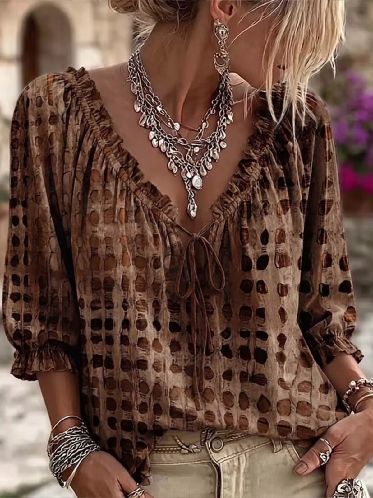 Plus size Trendsi blouse with tie neck and 3/4 sleeves, featuring a full-size fit and stylish design.