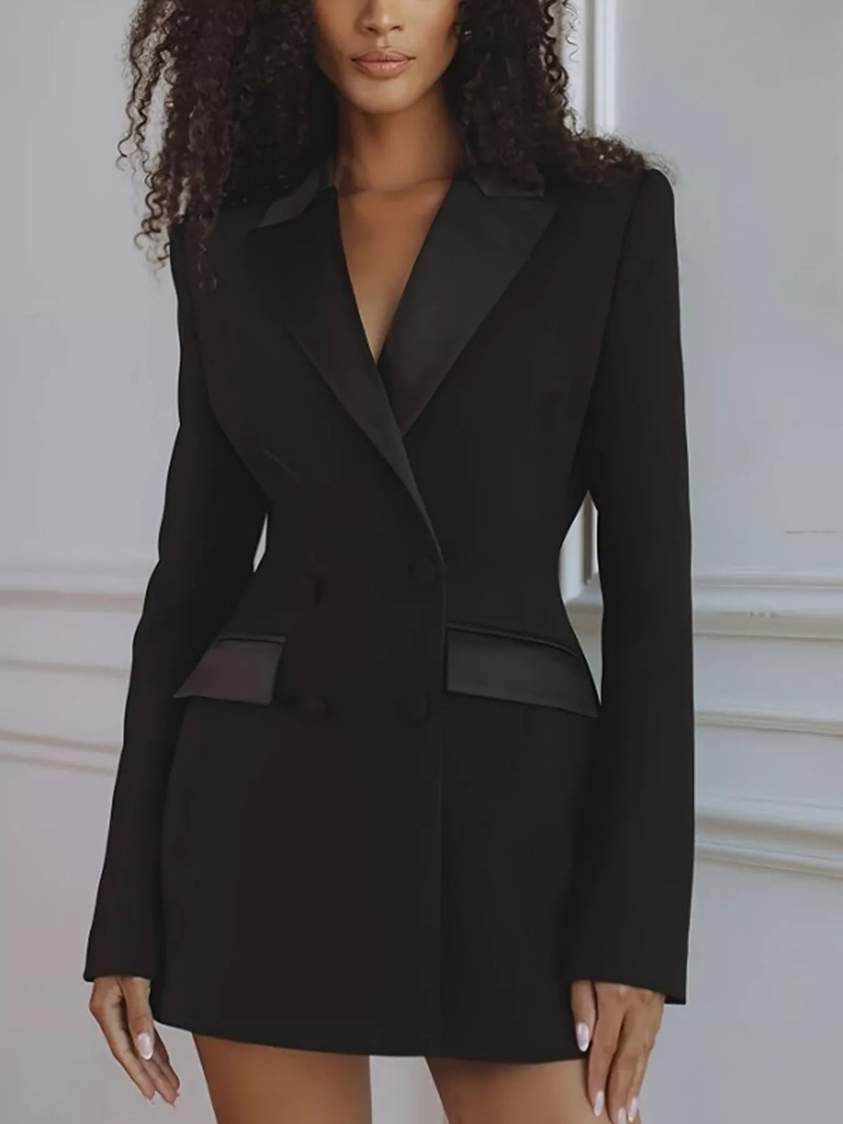Satin lapel double-breasted blazer by Trendsi featuring a tailored fit and sleek design, shown on a mannequin.