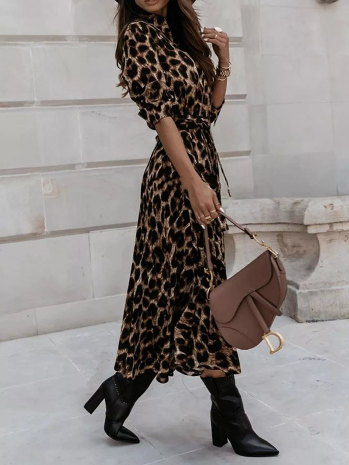 Leopard print button-down midi dress with matching belt from Trendsi, featuring long sleeves and a flowy silhouette.